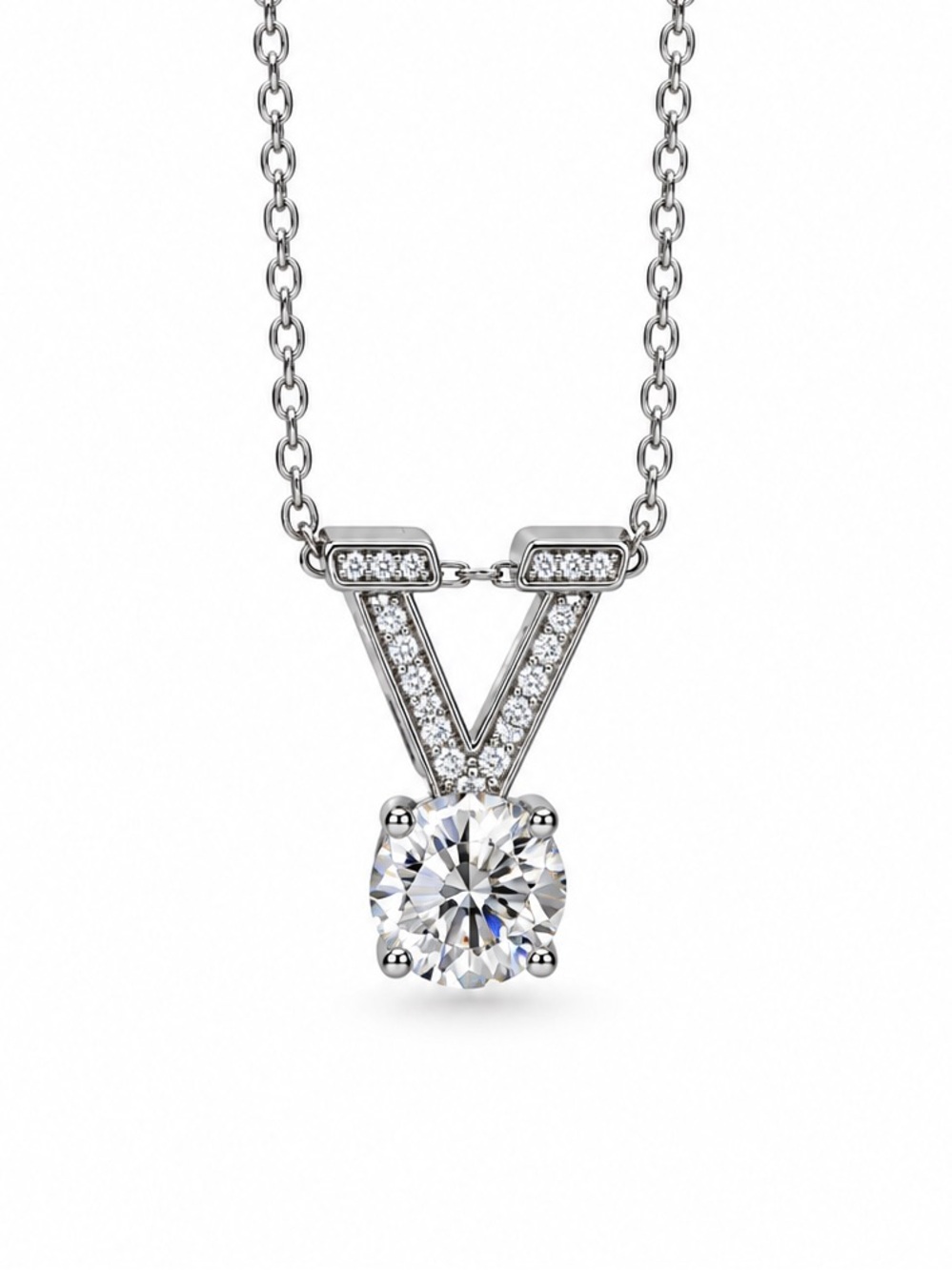 Elegant Moissanite 'V' Pendant Necklace - Rhodium